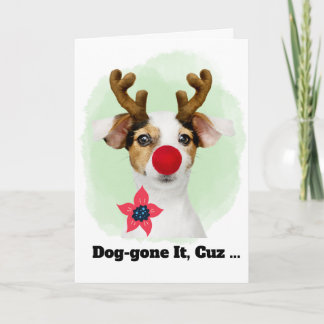 Cartão De Festividades Christmas Dog with Antlers for Cousin Funny