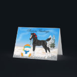 Cartão De Festividades Christmas Draft Foal and Snowman Christmas<br><div class="desc">This adorable image features a black,  draft horse foal holding a string of lights over his new friend,  a snowman. The background is done in layers of snow for that Christmas feel,  with snow covered,  pine trees in the background.
Artwork ©Sally Lannier/PDD Horse World
Snowman Image ©Prettygrafik.com</div>