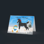 Cartão De Festividades Christmas Draft Foal and Snowman Christmas<br><div class="desc">This adorable image features a black,  draft horse foal holding a string of lights over his new friend,  a snowman. The background is done in layers of snow for that Christmas feel,  with snow covered,  pine trees in the background.
Artwork ©Sally Lannier/PDD Horse World
Snowman Image ©Prettygrafik.com</div>