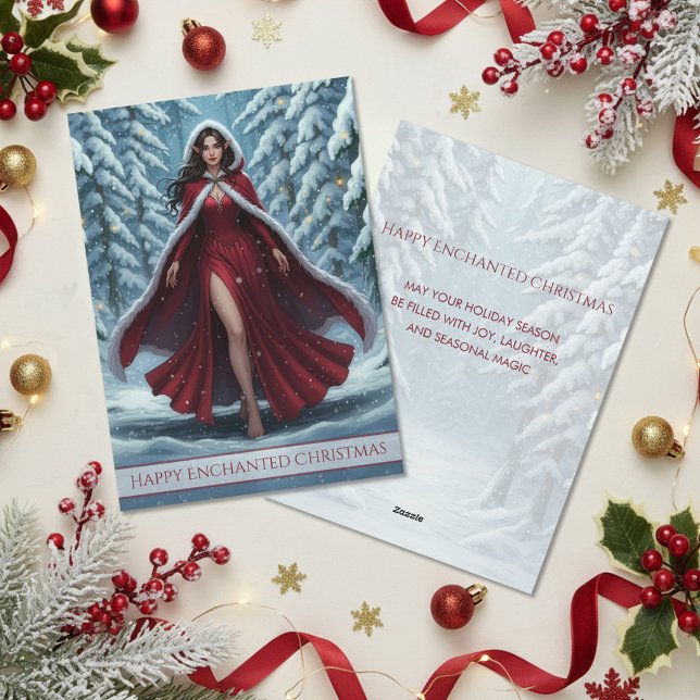 Cartão De Festividades Christmas Elf in Red in Snowy Winter Forest (Criador carregado)