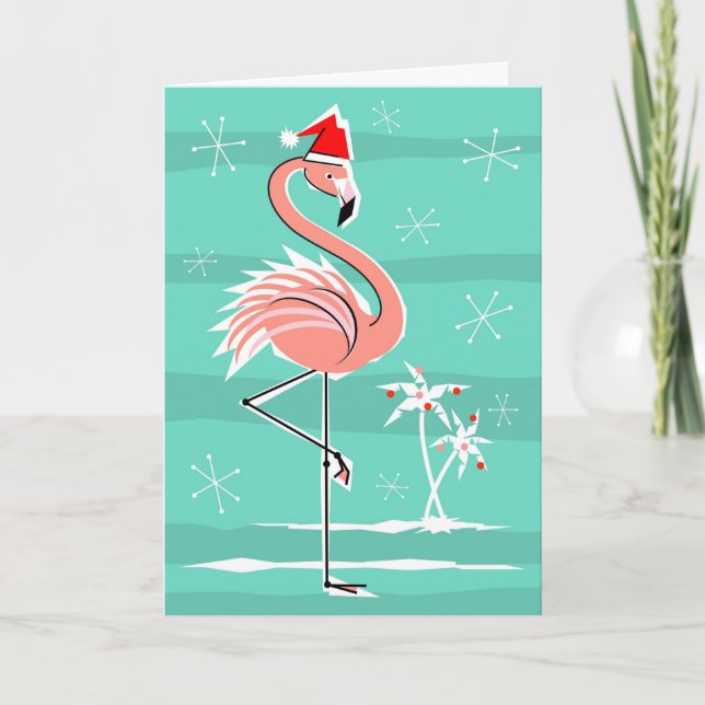 Cartão De Festividades Christmas Flamingo Stripe Happy Holidays (Frente)
