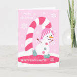 Cartão De Festividades Christmas for Great Granddaughter Snowman<br><div class="desc">Send a special great granddaughter a fun and colorful Christmas card featuring a happy ice skating snowman with a colorful candy cane and snowflakes on a light pink background. Snowman courtesy of Pretty Grafik.</div>