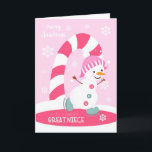 Cartão De Festividades Christmas for Great Niece Ice Skating Snowman<br><div class="desc">Send a special great niece a fun and festive pink Christmas card featuring a happy ice skating snowman with a colorful candy cane and snowflakes on a light pink background. Snowman courtesy of Pretty Grafik.</div>