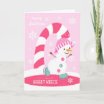Cartão De Festividades Christmas for Great Niece Ice Skating Snowman<br><div class="desc">Send a special great niece a fun and festive pink Christmas card featuring a happy ice skating snowman with a colorful candy cane and snowflakes on a light pink background. Snowman courtesy of Pretty Grafik.</div>