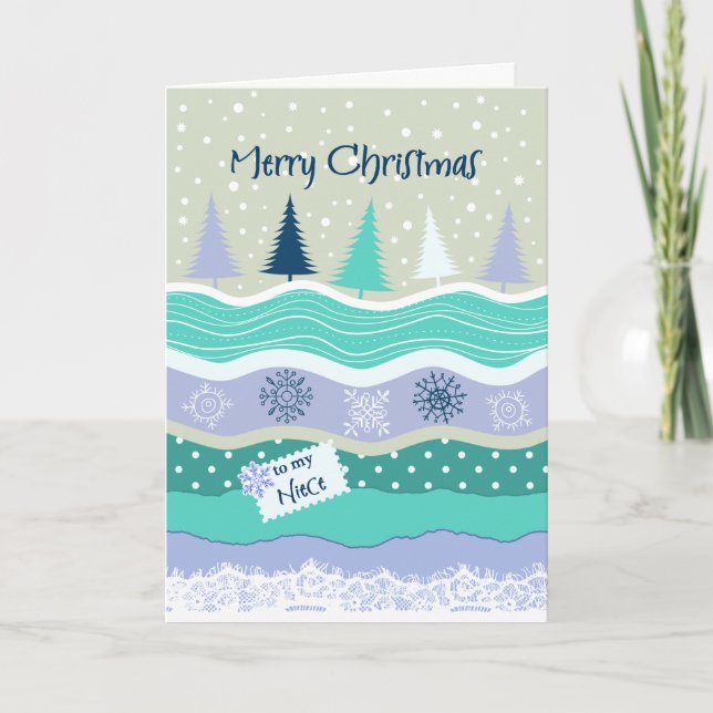 Cartão De Festividades Christmas for Niece - Fir Trees, Snowflakes, Lace (Frente)