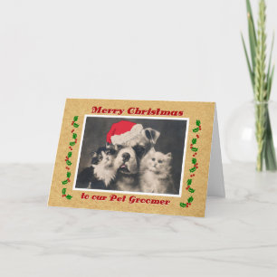 Cartão De Festividades Christmas for Pet Groomer Vintage Bulldog and Cat