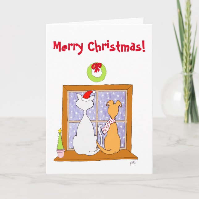 Cartão De Festividades Christmas: Friends (Cat & Dog) (Frente)