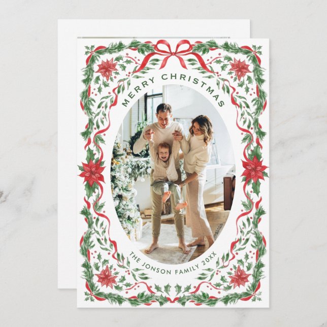 Cartão De Festividades Christmas Funky Whimsical Red Bow Wreath 2 Photo (Frente/Verso)