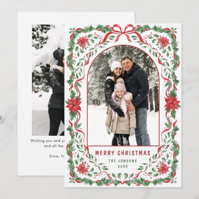 Cartão De Festividades Christmas Funky Whimsical Red Bow Wreath 2 Photo (Frente/Verso)