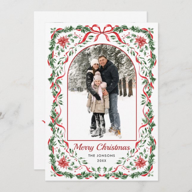 Cartão De Festividades Christmas Funky Whimsical Red Bow Wreath 2 Photo (Frente/Verso)