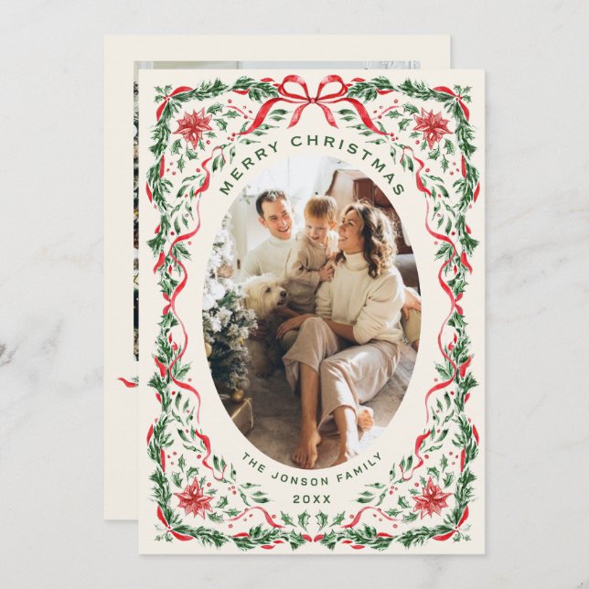 Cartão De Festividades Christmas Funky Whimsical Red Bow Wreath 2 Photo (Frente/Verso)