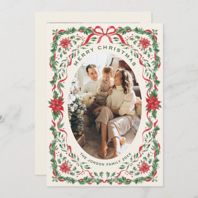Cartão De Festividades Christmas Funky Whimsical Red Bow Wreath 2 Photo (Frente/Verso)
