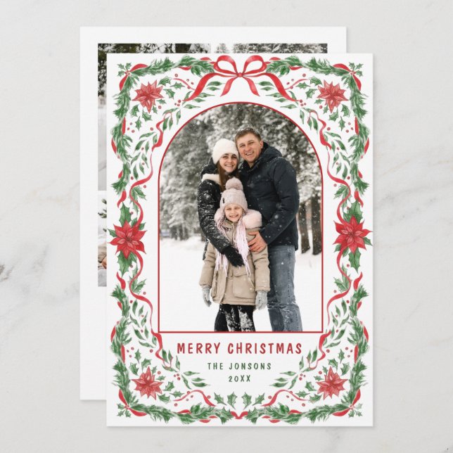 Cartão De Festividades Christmas Funky Whimsical Red Bow Wreath 5 Photo (Frente/Verso)