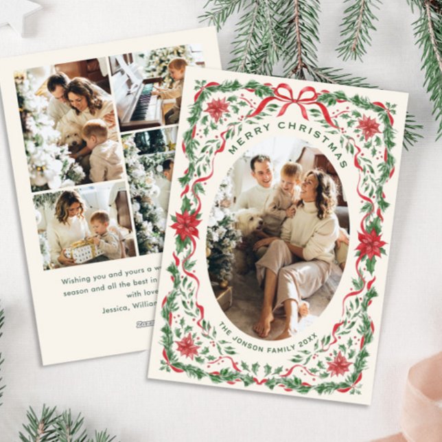 Cartão De Festividades Christmas Funky Whimsical Red Bow Wreath 5 Photo (Criador carregado)