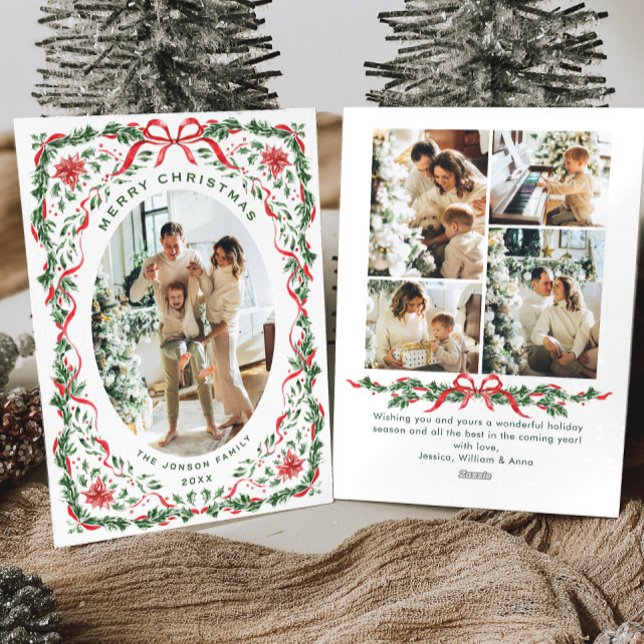 Cartão De Festividades Christmas Funky Whimsical Red Bow Wreath 5 Photo (Criador carregado)