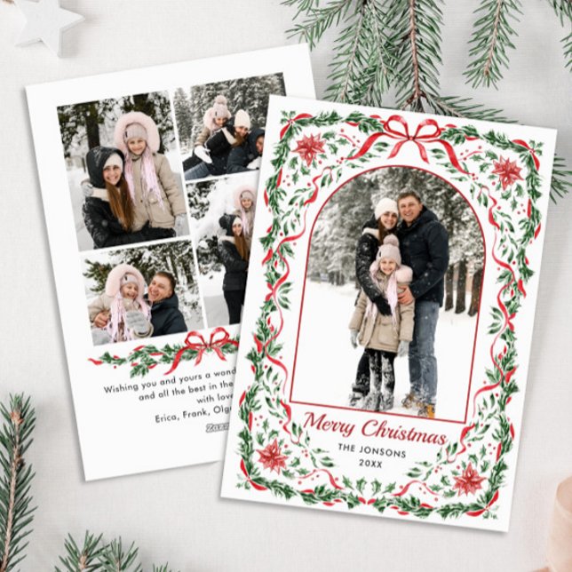 Cartão De Festividades Christmas Funky Whimsical Red Bow Wreath 5 Photo (Criador carregado)