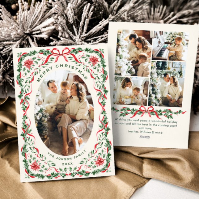 Cartão De Festividades Christmas Funky Whimsical Red Bow Wreath 5 Photo (Criador carregado)