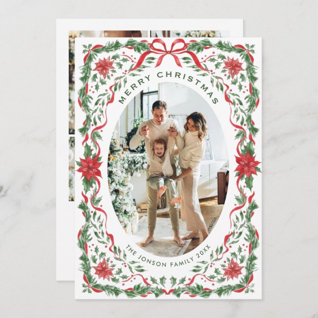 Cartão De Festividades Christmas Funky Whimsical Red Bow Wreath 5 Photo (Frente/Verso)