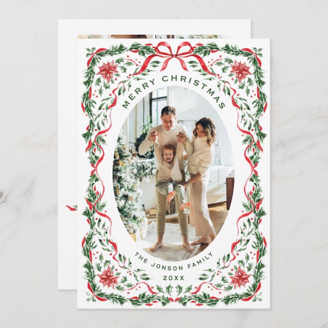 Cartão De Festividades Christmas Funky Whimsical Red Bow Wreath 5 Photo (Frente/Verso)