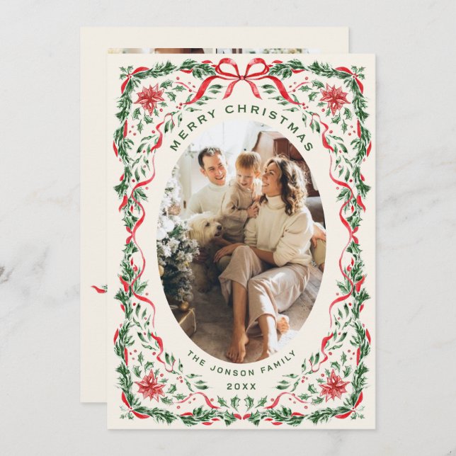 Cartão De Festividades Christmas Funky Whimsical Red Bow Wreath 5 Photo (Frente/Verso)