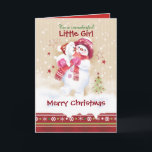 Cartão De Festividades Christmas, Girl. Snowman hugs Puppy<br><div class="desc">A sweet Christmas card for a little girl. It features an adorable snow child hugging her cute snow puppy. She is wearing a matching hat scarf and gloves in pink and red, and her puppy is wearing a Santa hat. Snow is falling around them and a decorative Christmas border trims...</div>