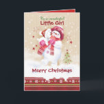 Cartão De Festividades Christmas, Girl. Snowman hugs Puppy<br><div class="desc">A sweet Christmas card for a little girl. It features an adorable snow child hugging her cute snow puppy. She is wearing a matching hat scarf and gloves in pink and red, and her puppy is wearing a Santa hat. Snow is falling around them and a decorative Christmas border trims...</div>