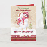 Cartão De Festividades Christmas, Goddaughter. Snowman hugs Puppy<br><div class="desc">A sweet Christmas card for a young Goddaughter. It features an adorable little snow child hugging her cute snow puppy. She is wearing a matching hat scarf and gloves in pink and red, and her puppy is wearing a Santa hat. Snow is falling around them and a decorative Christmas border...</div>