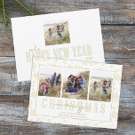 Cartão De Festividades Christmas Gold Elegant Floral Holiday 4 Photo<br><div class="desc">This design features Christmas holiday gold elegant floral,  family four 4 photo picture,  modern simple calligraphy script,  a minimalist merry Christmas greeting,  a happy new year typography,  botanical gold greenery leaves,  modern elegant simple trendy,  with modern calligraphy script font,  holiday leaves foliage,  Christmas holiday photo card</div>
