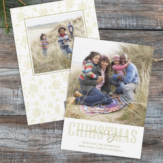 Cartão De Festividades Christmas Gold Elegant Floral Holiday Two Photo (Criador carregado)