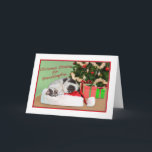 Cartão De Festividades Christmas, Granddaughter, Sleeping Cat, Santa Hat<br><div class="desc">This little black and white cat is dreaming beautiful Christmas dreams curled up on the Santa Claus hat.  A decorated holiday tree is in the background as well as gaily wrapped presents.   It makes a colorful holiday image for a granddaughter.</div>