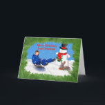 Cartão De Festividades Christmas, Great Grandson, Boy on Sled, Snowman<br><div class="desc">The joy of the holiday season is present in the image of the boy on his sled be watched over by a smiling snowman and a furry bunny rabbit.  It makes a colorful holiday card.   Feel free to change the inside verse to suit your needs.</div>