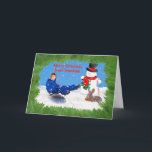 Cartão De Festividades Christmas, Great Grandson, Boy on Sled, Snowman<br><div class="desc">The joy of the holiday season is present in the image of the boy on his sled be watched over by a smiling snowman and a furry bunny rabbit.  It makes a colorful holiday card.   Feel free to change the inside verse to suit your needs.</div>