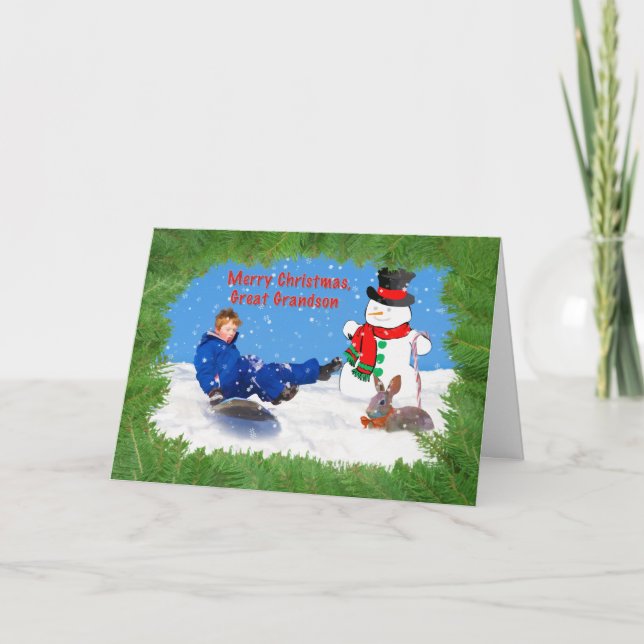 Cartão De Festividades Christmas, Great Grandson, Boy on Sled, Snowman (Frente)