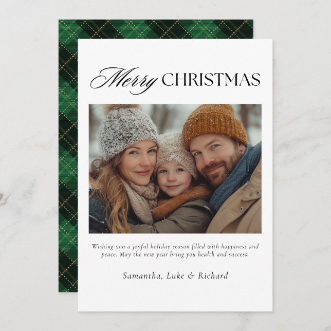 Cartão De Festividades Christmas Green Plaid Family Photo Holiday Card (Frente/Verso)