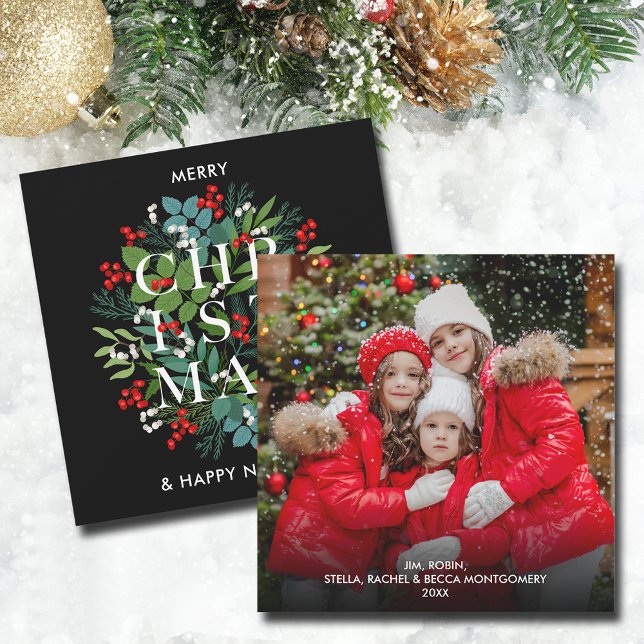 Cartão De Festividades Christmas Greens and Berries Photo (Christmas Greens and Berries Photo Cards 5.25" square TAKES EXTRA POSTAGE, mail in 5" x 7" to avoid)