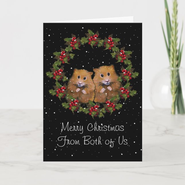 Cartão De Festividades Christmas Greeting, Cute Hamster Couple, Holly (Frente)