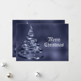 Cartão De Festividades Christmas Greeting Shiny Blue Ribbon Tree Sparkle
