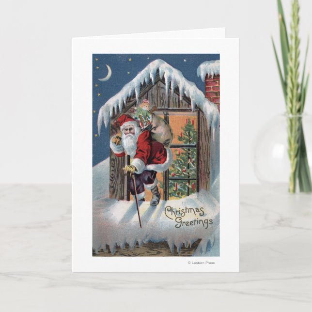 Cartão De Festividades Christmas GreetingSanta Climbing Out Window (Frente)