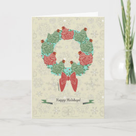 Cartão De Festividades Christmas hens perched on wreath + snowflakes v2