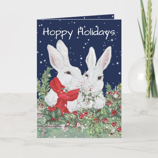 Cartão De Festividades Christmas Holiday Bunny Rabbit Snow Greenery Cute (Frente)