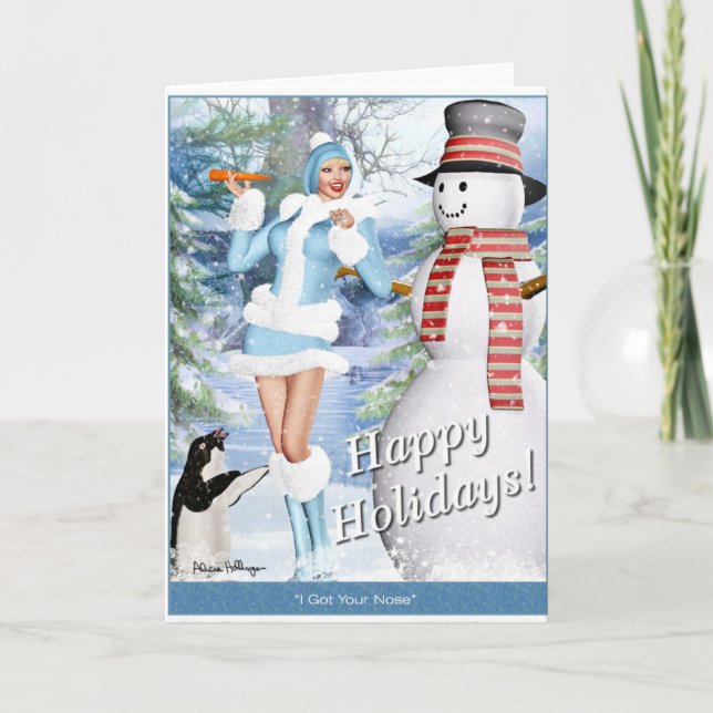 Cartão De Festividades Christmas & Holiday Card - Cute Pin-Up Girl & Snow (Frente)