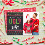 Cartão De Festividades Christmas Holiday Photo Ugly Sweater Chalkboard<br><div class="desc">“May all your sweaters be ugly & bright.” Celebrate the holidays in “style” with your ugliest, tackiest Christmas sweaters! On the left side, cute, whimsical trees, reindeer, ornaments, and playful “sweater” typography in red, green and aqua blue, overlay a chalkboard background. Your custom photo is on the right. A white...</div>