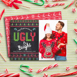Cartão De Festividades Christmas Holiday Photo Ugly Sweater Chalkboard<br><div class="desc">“May all your sweaters be ugly & bright.” Celebrate the holidays in “style” with your ugliest, tackiest Christmas sweaters! On the left side, cute, whimsical trees, reindeer, ornaments, and playful “sweater” typography in red, green and aqua blue, overlay a chalkboard background. Your custom photo is on the right. A white...</div>