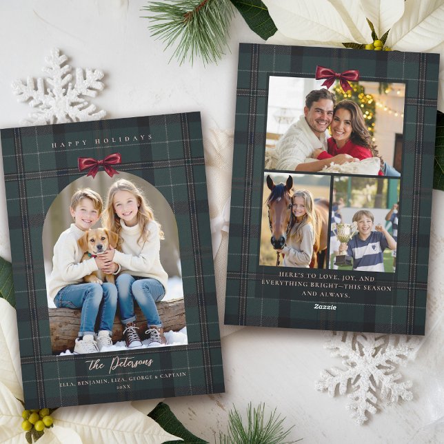Cartão De Festividades Christmas Holidays Plaid Tartan Arch Bow 4-Photo  (plaid tartan christmas photo card elegant 4 photos traditional classic scottish green red bow)