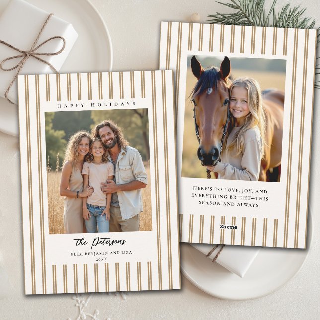 Cartão De Festividades Christmas Holidays Taupe Stripes Earthy 2-Photo (family christmas photo card tan brown stripes modern minimalist contemporary earthy organic)