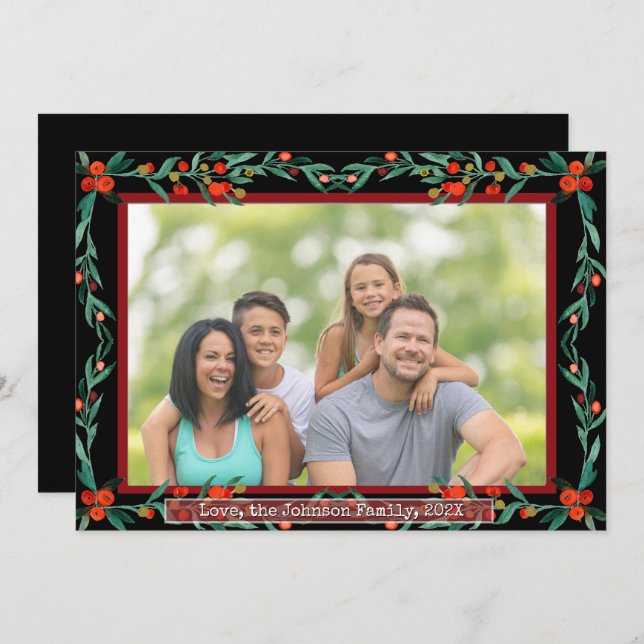 Cartão De Festividades Christmas Holly Botanical Watercolor Foliage Photo (Frente/Verso)