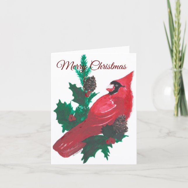 Cartão De Festividades Christmas Holly & Cardinal Folded Holiday Card (Frente)