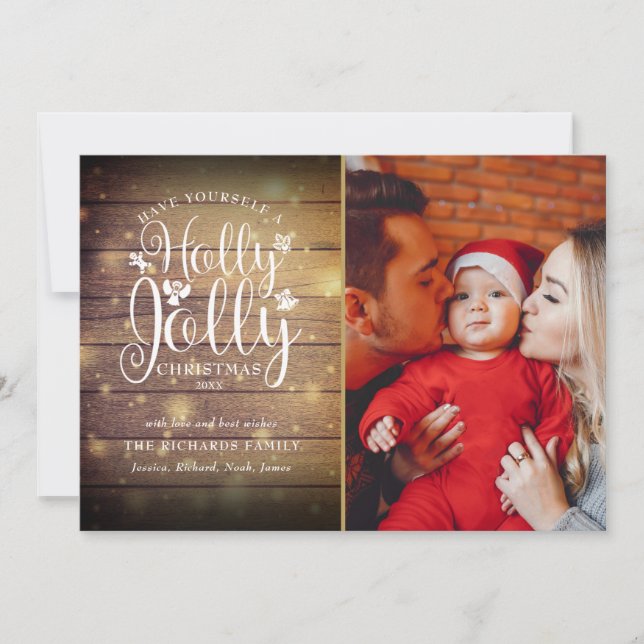 Cartão De Festividades Christmas Holly Jolly Script Rustic Wood Photo (Frente)