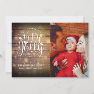 Cartão De Festividades Christmas Holly Jolly Script Rustic Wood Photo