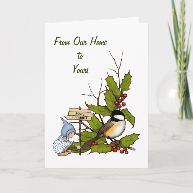 Cartão De Festividades Christmas Holly with Gnome, Chickadee Bird, Art (Frente)